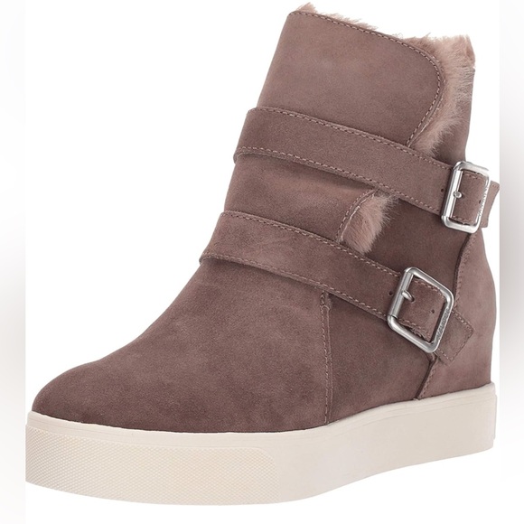 NWT J/SLIDES WELLS Taupe Suede Hidden Wedge Faux Fur Platform - Picture 3 of 16